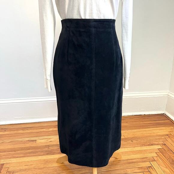 Vintage 90s Lord & Taylor 100% Silky Pig Suede Black High Waist Pencil Skirt 6 - Picture 3 of 11